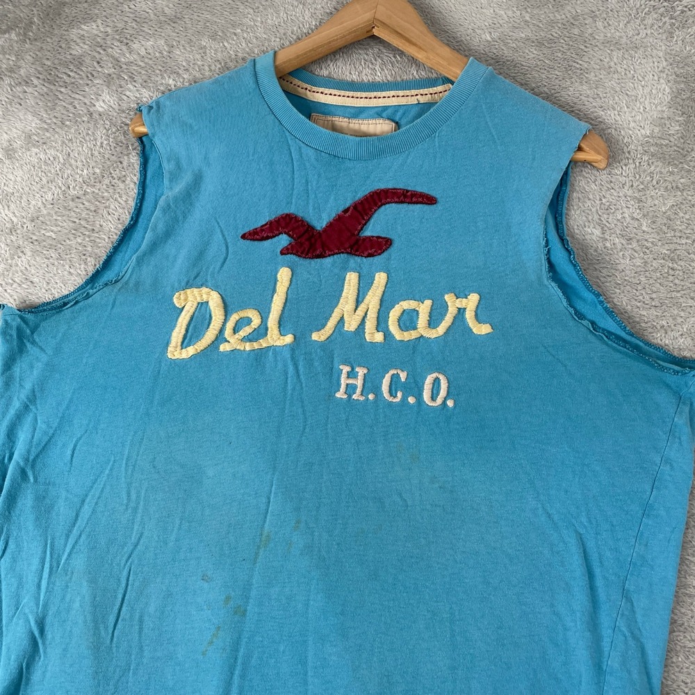 Hollister Del Mar Tank Mens XL Blue Vintage Y2K Surf Applique Raw Edge